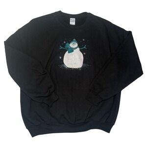 Gildan Black Snowman Rhinestone Christmas Holiday‎ Sweatshirt XL